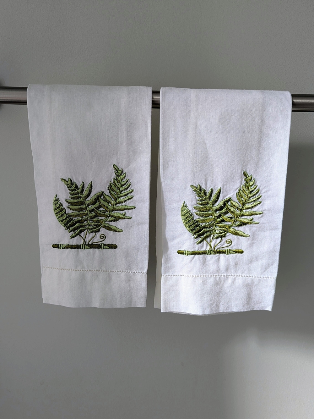 Vintage Embroidered Fern Hand Towels Set of 2 | White Ramie Cotton Hemstitch